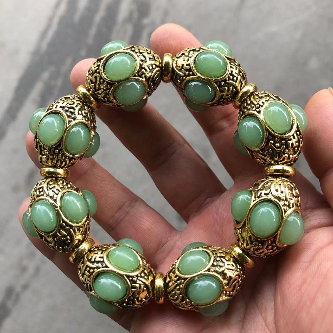 Gemstone Bracelet Healing - Vintage Bronze Inlaid Green Jade Bead