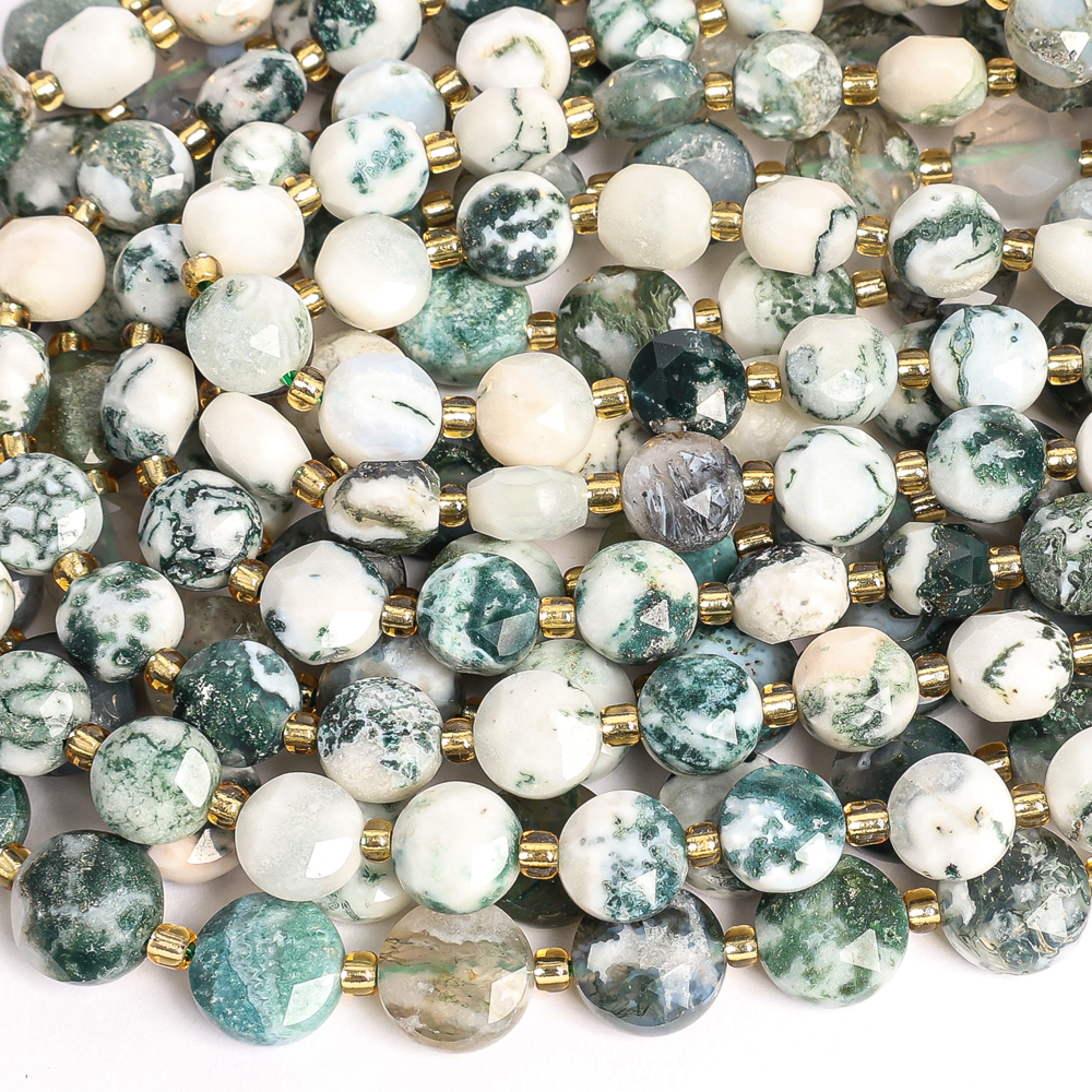 Gemstone Bracelet Healing - TREE AGATE BEADS WHITE GREEN COIN