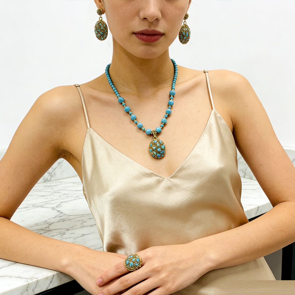 Turquoise Stone Ring - Crystal Turquoise Necklace Earrings Ring Sweater